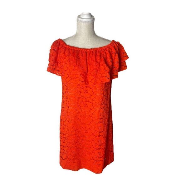 Trina Turk Off the Shoulder Lace Mini Dress in Tangerine - Picture 3 of 16